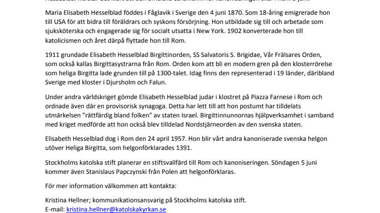 Officiell helgonförklaring av Elisabeth Hesselblad  5 juni