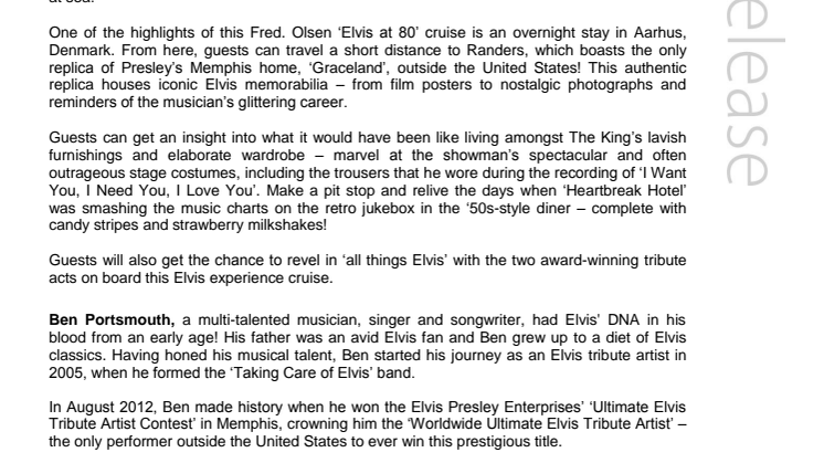 Put on your blue suede shoes and celebrate The King of Rock and Roll’s 80th birthday with Fred. Olsen Cruise Lines in Spring 2015 