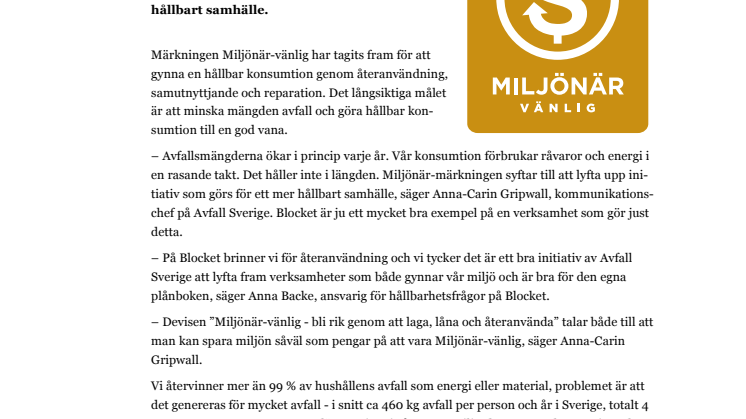 Avfall Sverige Miljönär-märker Blocket