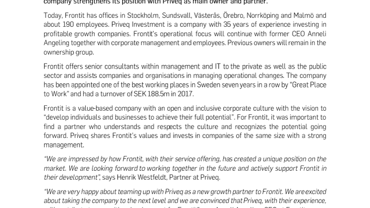 Priveq - a new growth partner for Frontit