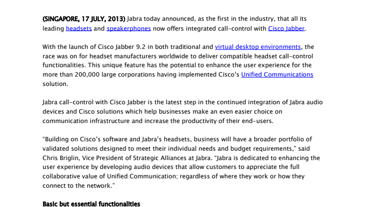 Jabra first with call-control for new Cisco Jabber