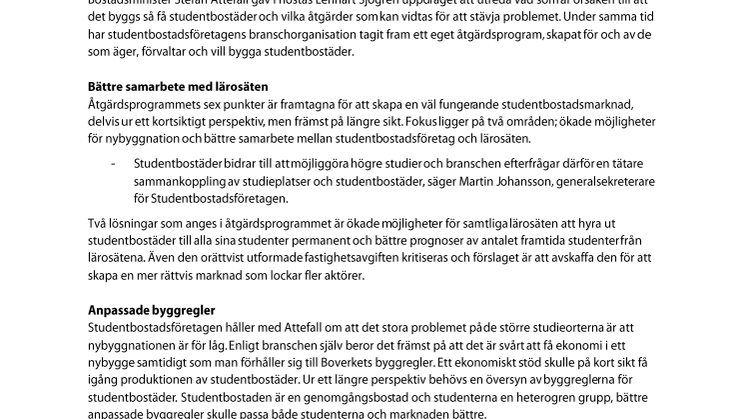 Studentbostadsbranschen presenterar åtgärdsprogram