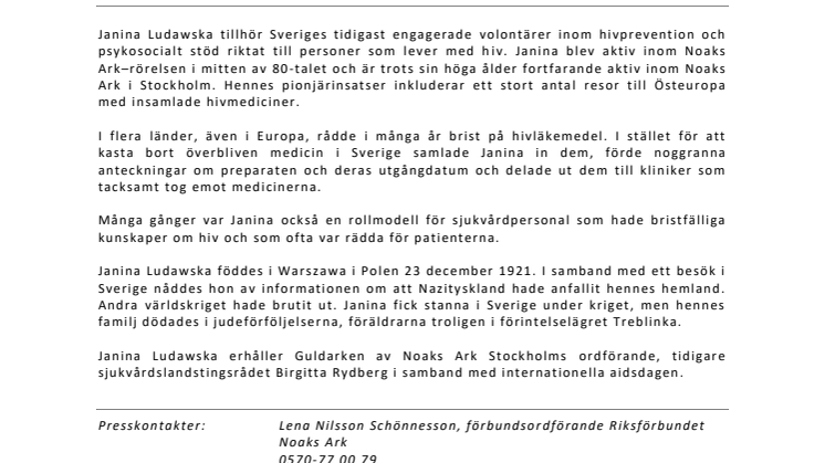 Internationella aidsdagen 1 december: Hiv aktivisten Janina Ludawska tilldelas Guldarken