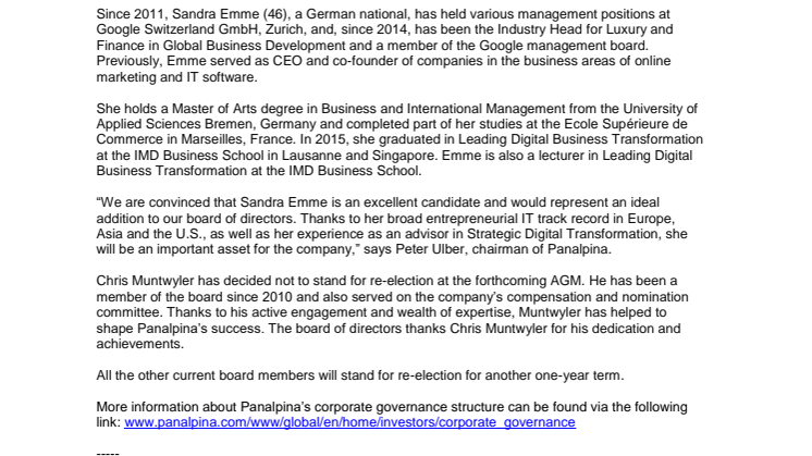 New member proposed for Panalpina’s board of directors