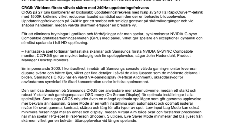 Samsung lanserar gaming-monitorn CRG5 med 240Hz G-Sync kompabilitet på Gamescom 2019