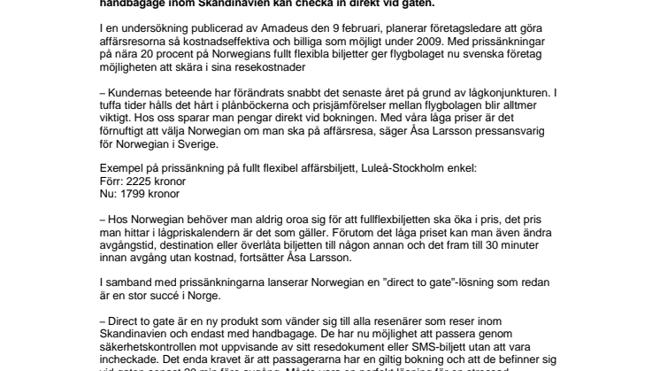 Norwegian sänker priset på svenskt inrikesflyg och lanserar ”direct to gate”