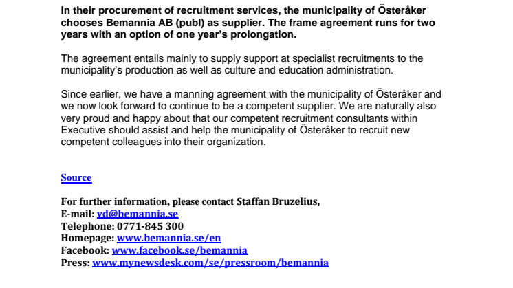 Bemannia supplier of recruitment services to the municipality of Österåker