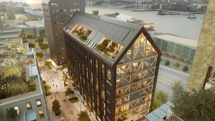 Bild: Krook & Tjäder. Habitat 7 – en nio våningar hög kontorsbyggnad av trä, centralt belägen på Masthuggskajen i Göteborg.