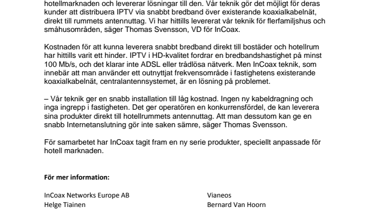 InCoax inleder IPTV-samarbete med franska Vianeos
