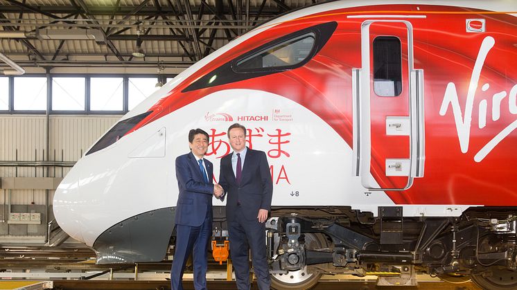 Japanese Prime Minister Shinzo Abe and UK Prime Minister David Cameron visit Hitachi Train Maintenance Centre