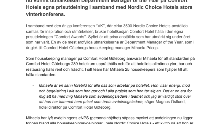 Mihaela Pricop är Comfort Hotels Department Manager of the Year 2019