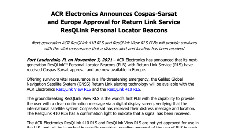 November 2021 - ACR Electronics Announces Cospas-Sarsat Aproval for Return Link Service ResQLink PLBs.US.pdf