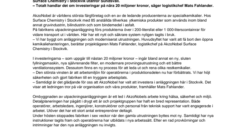 Stort arbetsmiljöprojekt på AkzoNobel i Sundsvall 