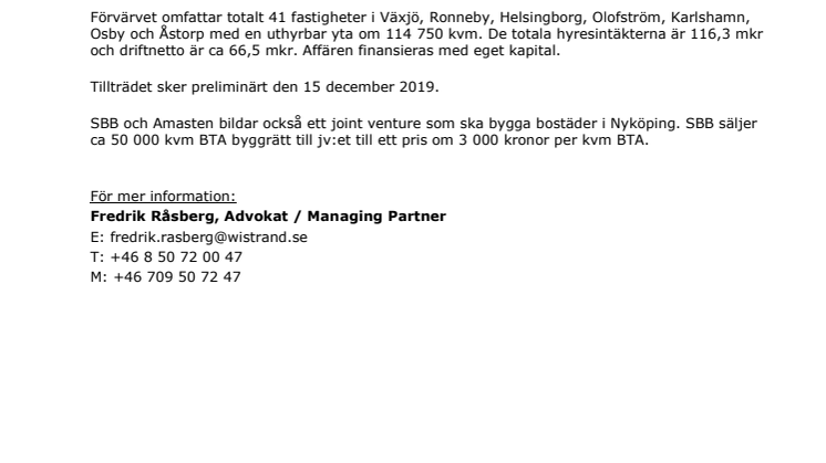 ​Wistrand biträder SBB vid förvärv av 1560 lägenheter och försäljning av byggrätter till ett joint venture med Amasten