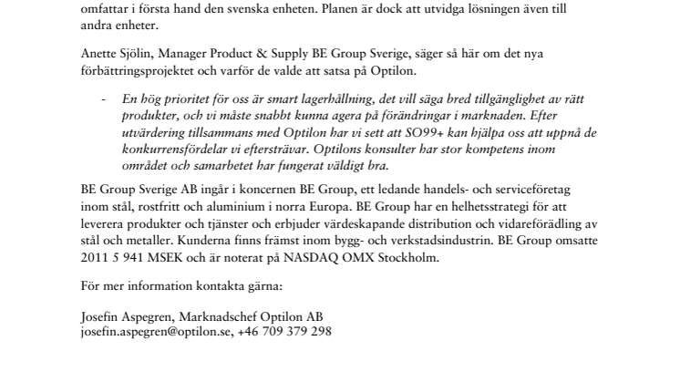 BE Group satsar på Optilon för att optimera sina lager