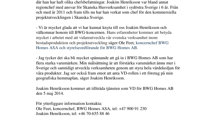 Ny VD till BWG Homes AB med dotterbolagen Myresjöhus och SmålandsVillan