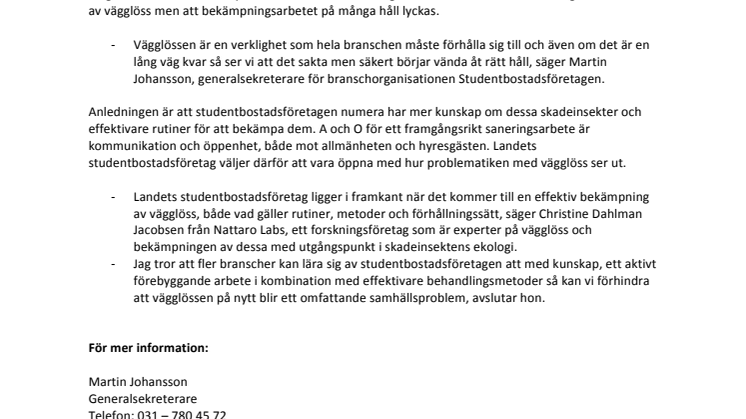 Kartläggning av omfattningen av problemet med vägglöss hos Sveriges studentbostadsföretag
