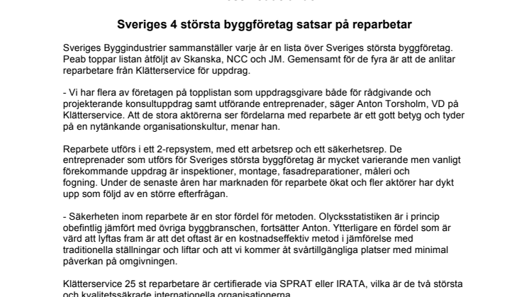 Sveriges 4 största byggföretag satsar på reparbete