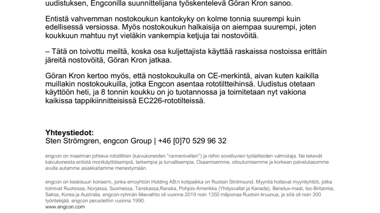 Engconin toiseksi suurin rototiltti saa entistä vahvemman nostokoukun – hyväksytty nyt 8 tonnin nostoihin