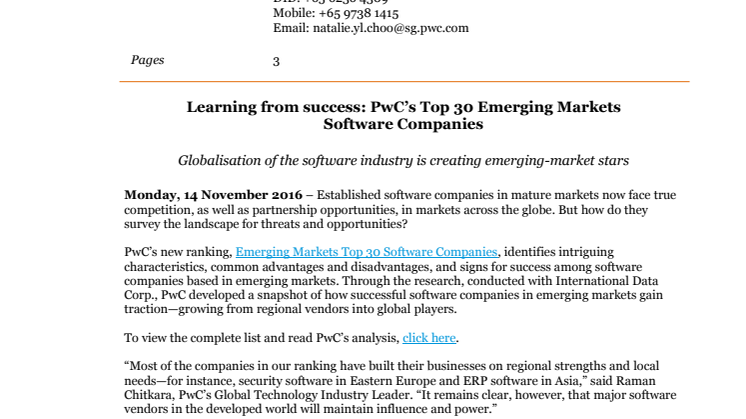 Learning from success: PwC’s Top 30 Emerging Markets  Software Companies