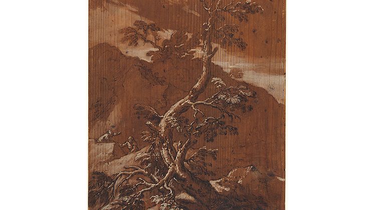 Salvator Rosa, A Rocky Landscape with a Tree and Two Figures, pencil and ink with white accents on panel, 61.1 x 39.9 cm