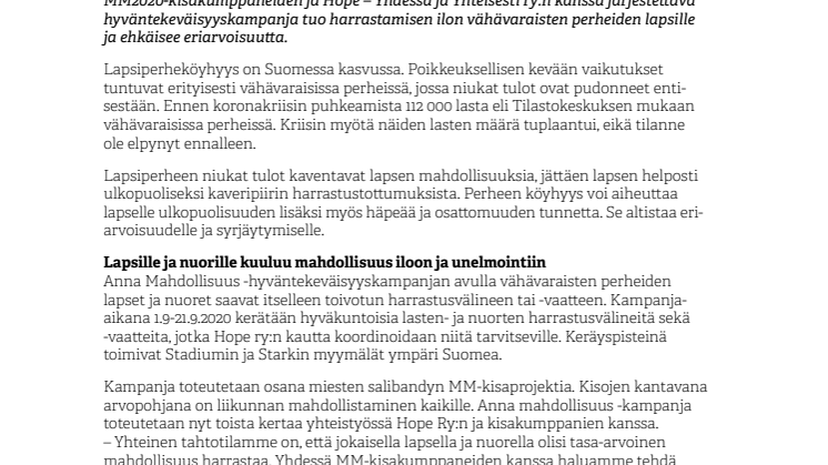Anna mahdollisuus -hyväntekeväisyyskampanja alkaa syyskuussa