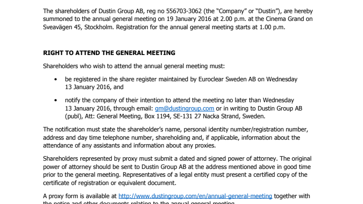 DUSTIN GROUP AB (PUBL) NOTICE OF ANNUAL GENERAL MEETING 