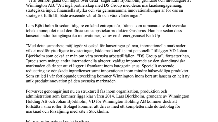 Svenska Winnington AB ingår delägarskap med den indiska multi-koncernen DS Group.
