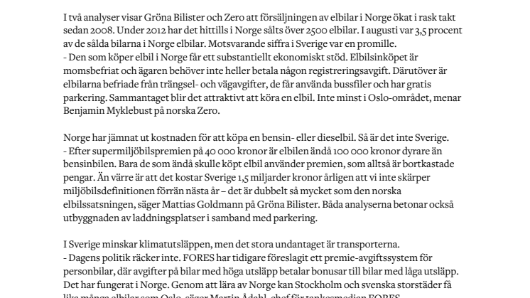 Två nya analyser om elbilar:  Sverige på efterkälken, bör lära av Norge