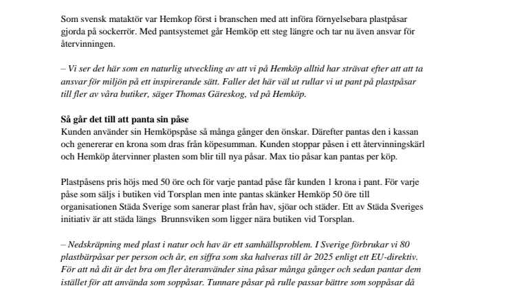Hemköp lanserar pant på plastpåsar