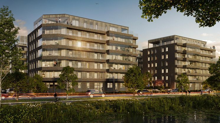 Arkitektskiss för Kanoten, flerbostadshus i Inre Hamn som fått bygglov. 