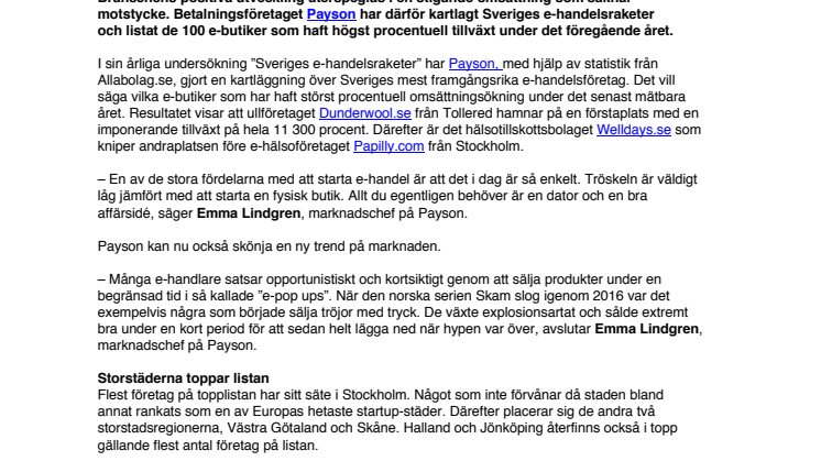 Ny kartläggning från Payson visar: Här är Sveriges 100 mest framgångsrika e-handelsbutiker