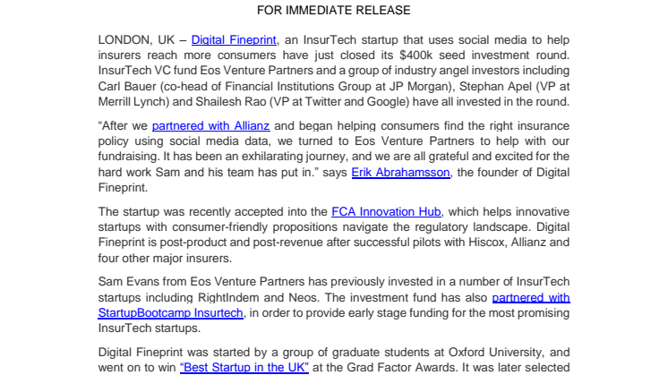 InsurTech Startup Digital Fineprint Raises $400k Seed Investment from Eos  Venture Partners