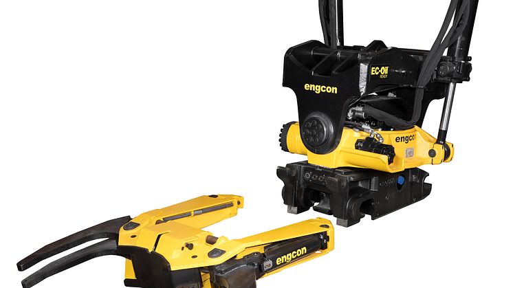 Engcon serietillverkar löstagbar grip för sin största tiltrotator  – gör grävmaskinen ännu effektivare