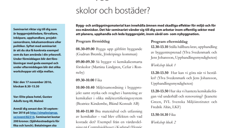 Inbjudan och program Kemikaliesmart byggande 17 november 2016