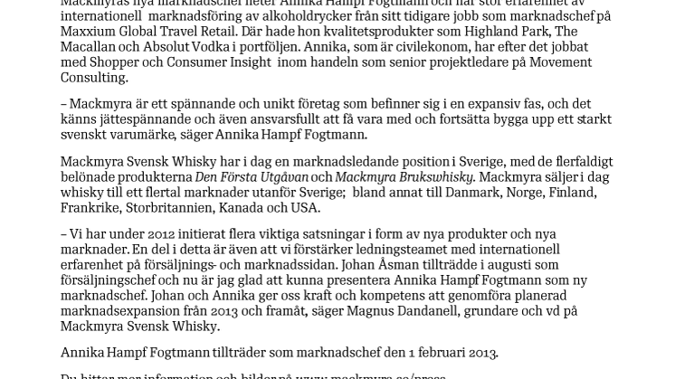 Marknadschef med internationell erfarenhet förstärker Mackmyra