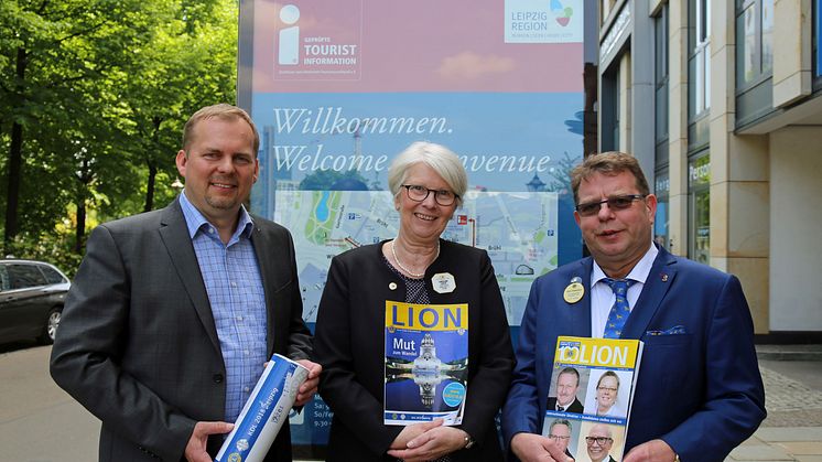 Die Organisatoren Stefan Neubert (Vorsitzender Durchführungsverein KDL), Christiane Lafeld (Governorratsvorsitzende 2017/18) und Ulrich Stoltenberg (Pressesprecher der deutschen Lions) freuen sich auf den Kongressstandort Leipzig