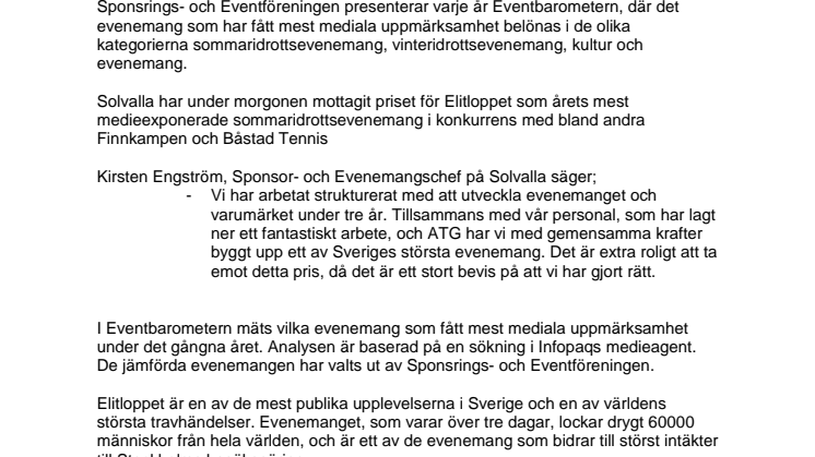 Solvalla får pris för Elitloppet