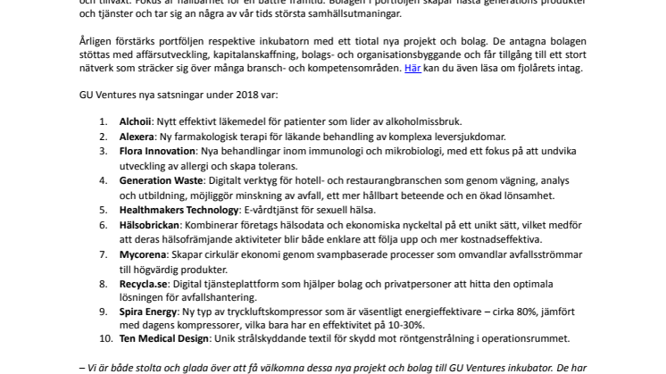  GU Ventures nya inkubatorbolag 2018