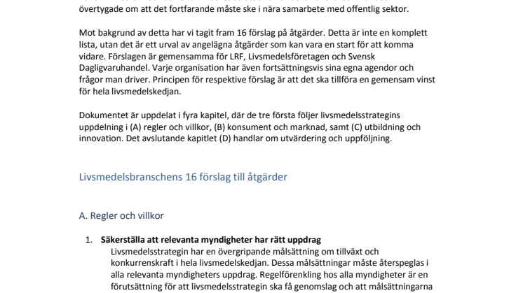 Branschens förslag till åtgärder för en handlingsfokuserad livsmedelsstrategi