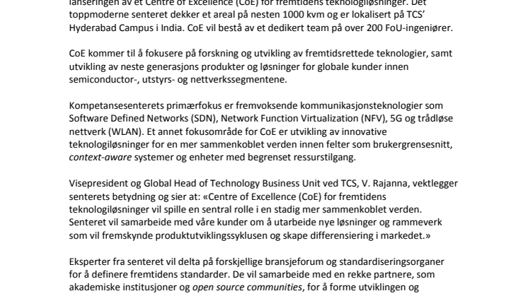 TCS lanserer Centre of Excellence (CoE) for fremtidens teknologiløsninger