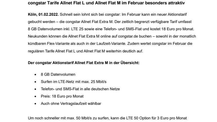 PDF: Nur im Februar: neuer congstar Aktionstarif Allnet Flat Extra M mit 8 GB
