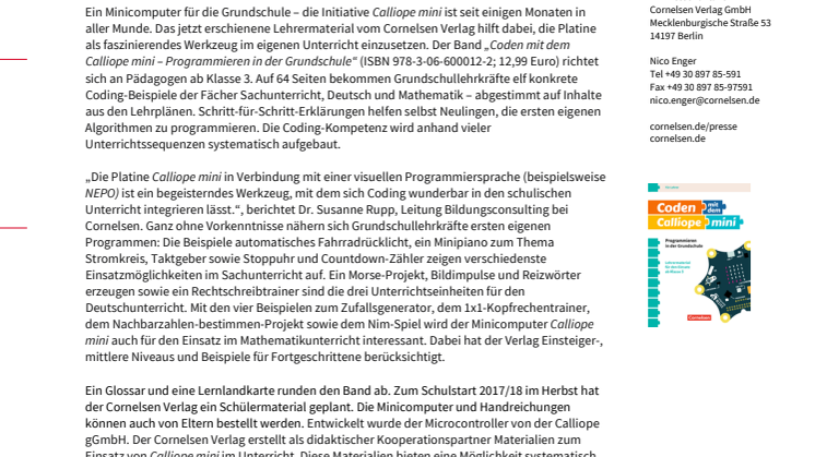 „Coden mit dem Calliope mini“ – Cornelsen veröffentlicht Lehrermaterial für den Einsatz des Minicomputers im Grundschulunterricht unter freier OER-Lizenz