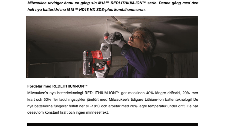 Kompakt kraft och suverän driftsäkerhet med Milwaukee’s nya M18™ REDLITHIUM-ION™ kombihammare!