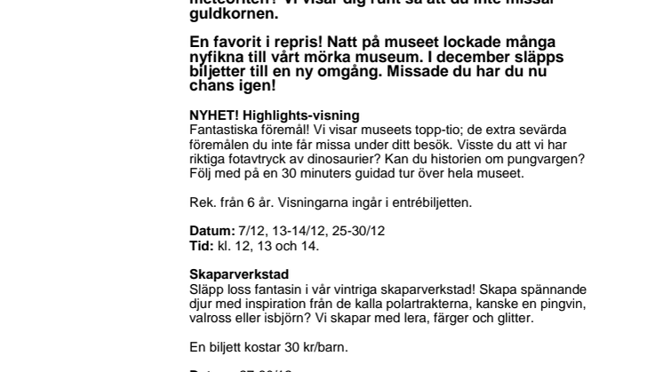 Det händer på Naturhistoriska riksmuseet i december