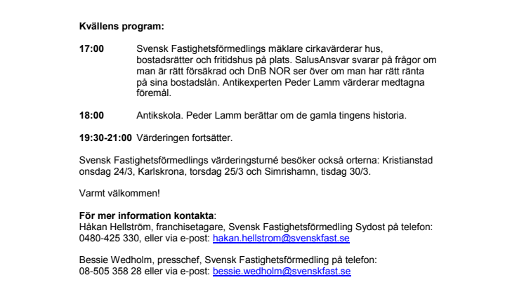Pressinbjudan: Välkommen till Svensk Fastighetsförmedlings värderingskväll i Växjö tisdagen den 23 mars