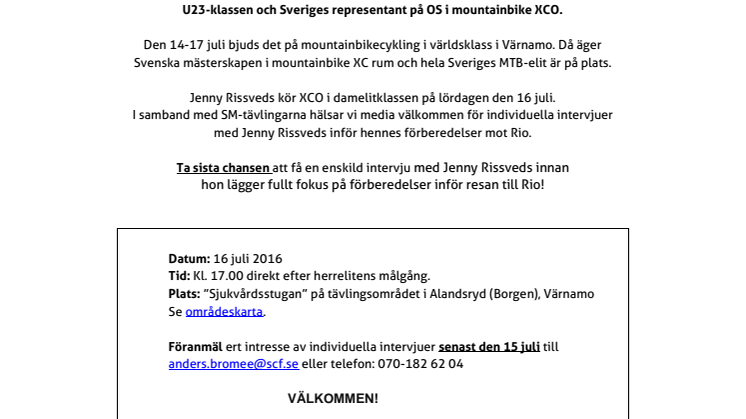 Pressinbjudan - individuella intervjuer med Jenny Rissveds inför OS