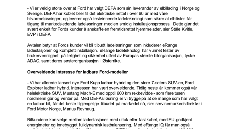 Ford og DEFA inngår avtale om salg av smarte ladeløsninger 