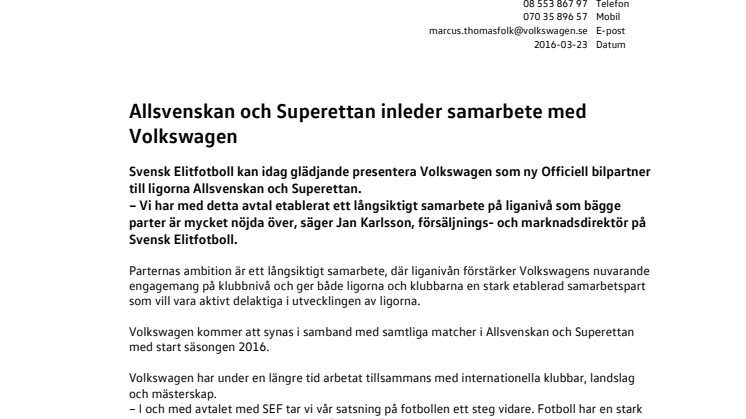 Allsvenskan och Superettan inleder samarbete med Volkswagen