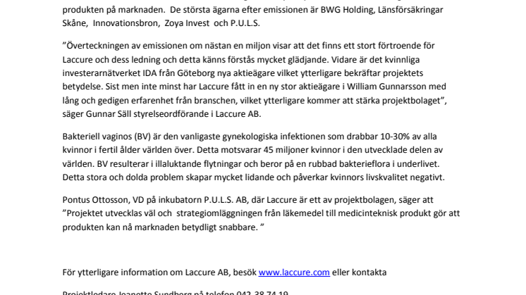 Laccure tar in 10,8 miljoner för att färdigutveckla sin produkt för bakteriell vaginos 